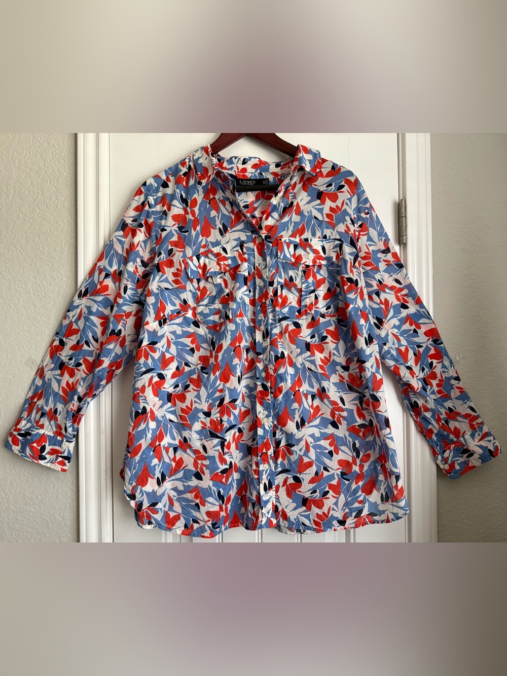 Lauren Ralph Lauren Red Blue White Cotton Long Sleeve Button Down Shirt- Size 1X